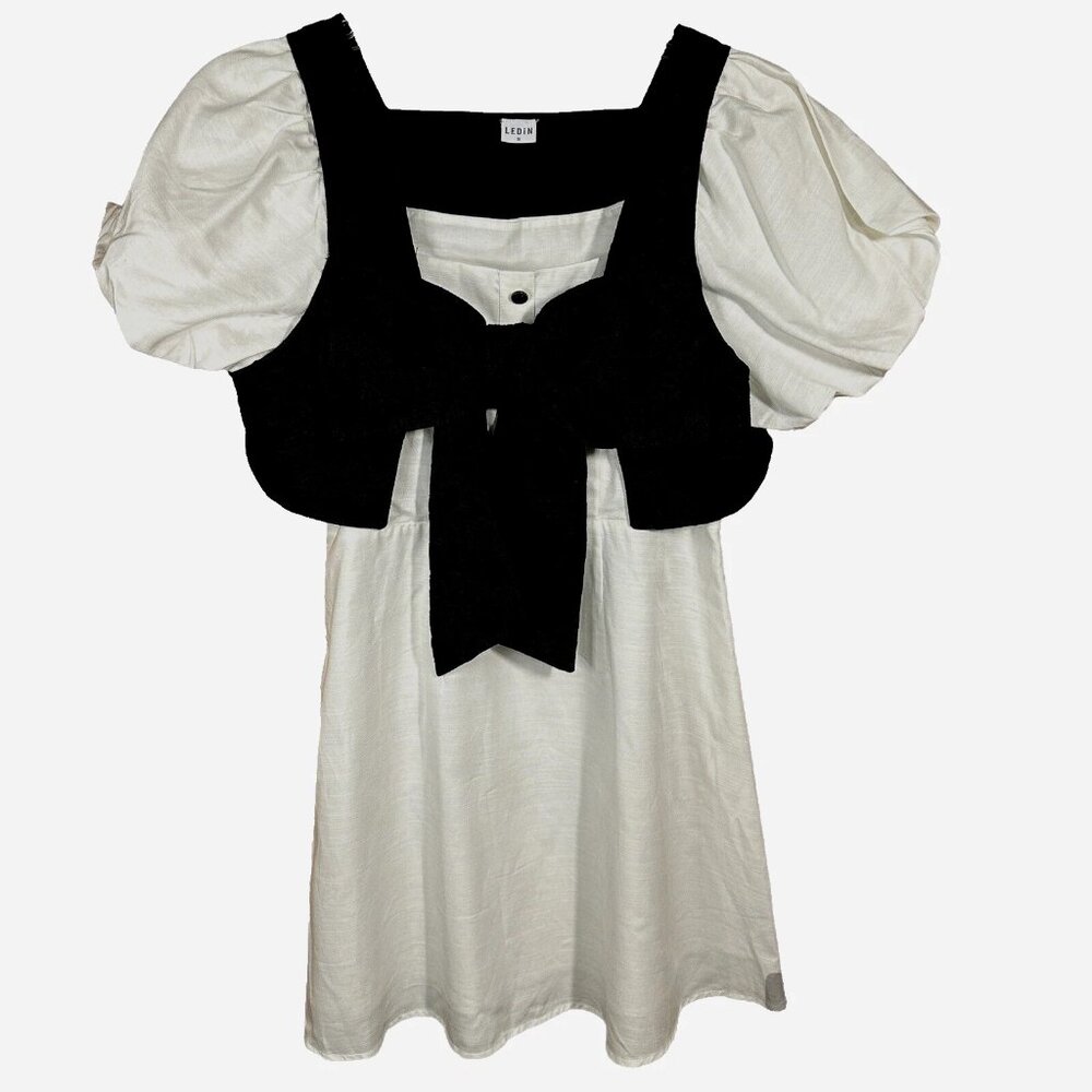 LEDIN Coquette Puff Sleeve Dress XS NWT Cottagecore Bow Layered Look Kawaii